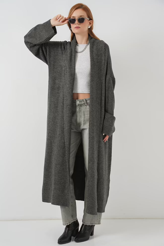 Grey Cardigan With Oversized Fit And Shawl Collar - MRS.IDEA