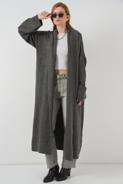 Grey Cardigan With Oversized Fit And Shawl Collar - MRS.IDEA