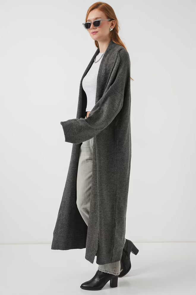 Grey Cardigan With Oversized Fit And Shawl Collar - MRS.IDEA