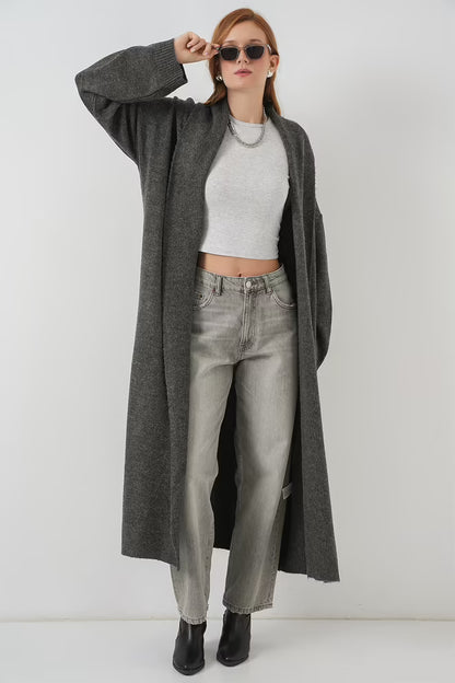Grey Cardigan With Oversized Fit And Shawl Collar - MRS.IDEA