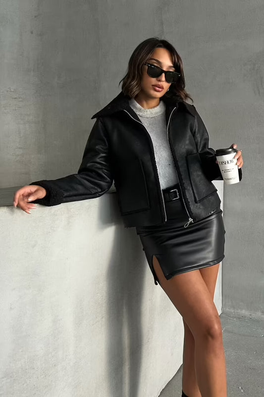 Laminated Leather Zippered Coat