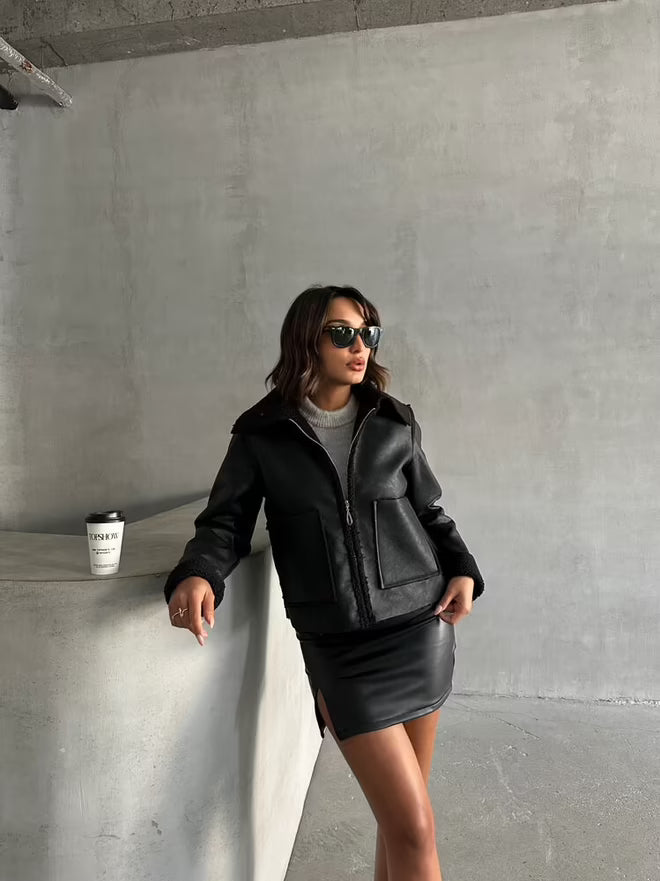 Laminated Leather Zippered Coat