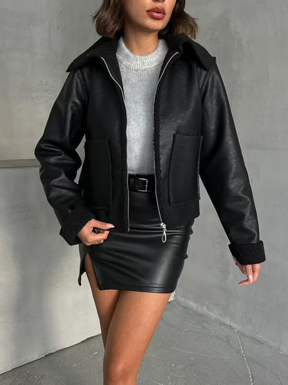 Laminated Leather Zippered Coat