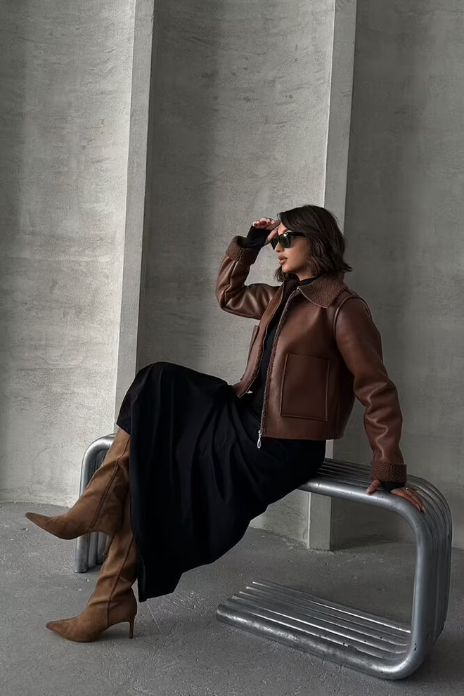 Laminated Leather Zippered Coat