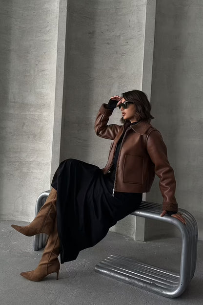 Laminated Leather Zippered Coat