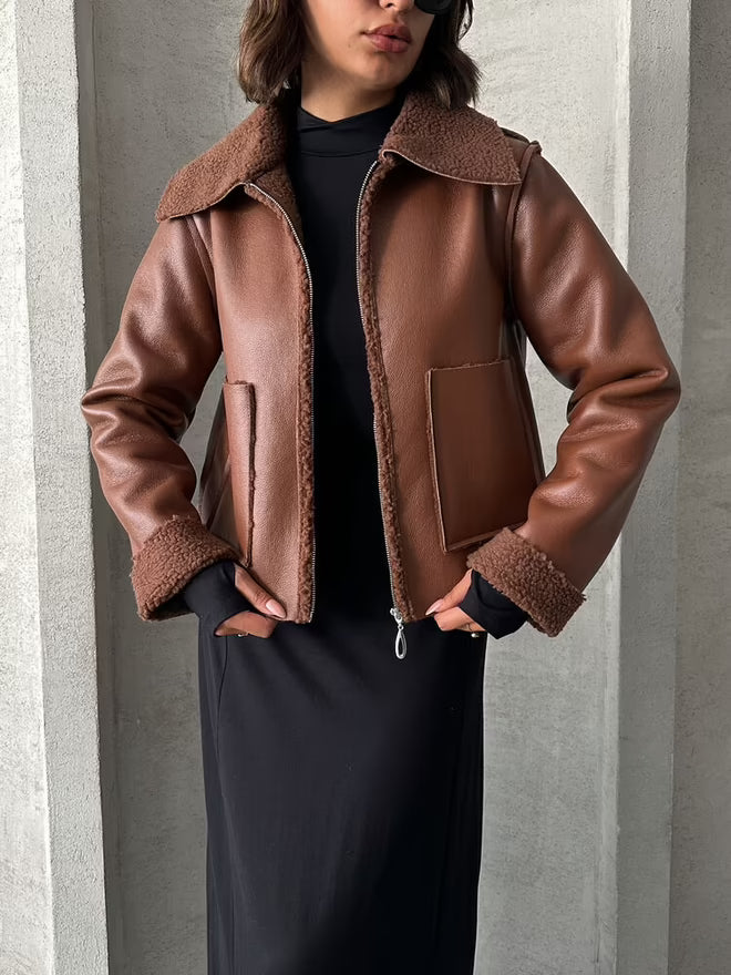 Laminated Leather Zippered Coat