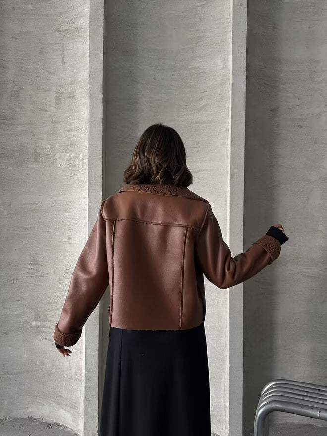 Laminated Leather Zippered Coat