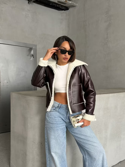 Laminated Leather Zippered Coat