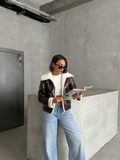 Laminated Leather Zippered Coat