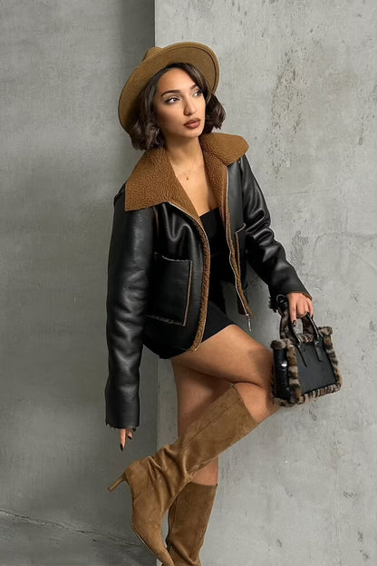 Laminated Leather Zippered Coat