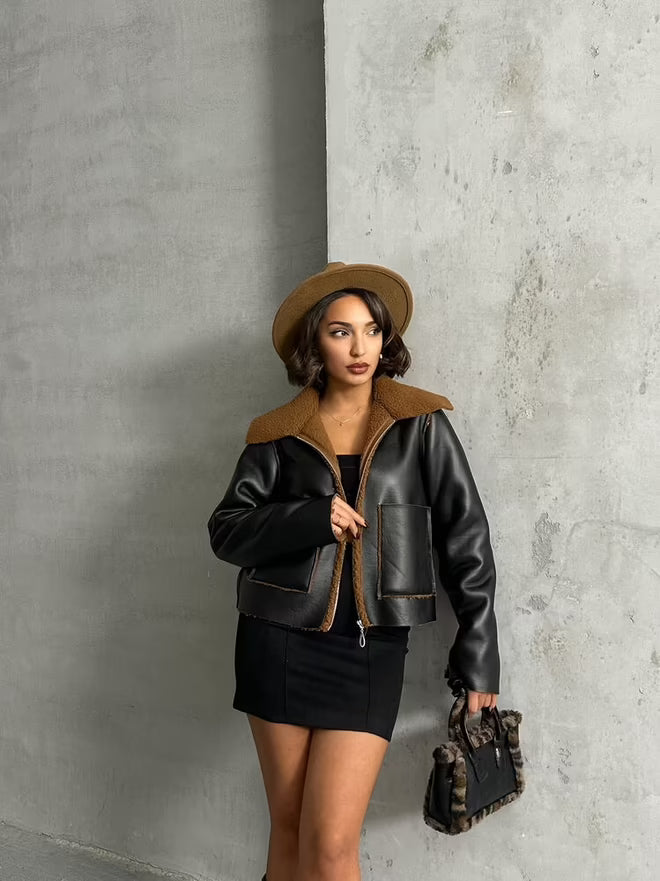 Laminated Leather Zippered Coat