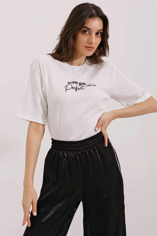 Printed Oversize Knitted T-Shirt - White - MRS.IDEA