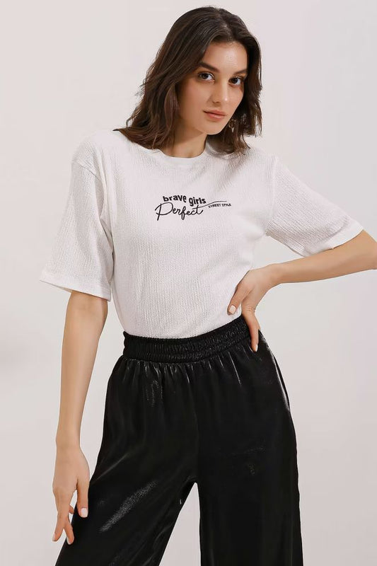 Printed Oversize Knitted T-Shirt - White - MRS.IDEA