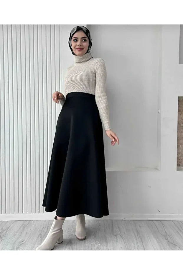 Scuba Crepe Flared Skirt with Elastic Waist - MRS.IDEA