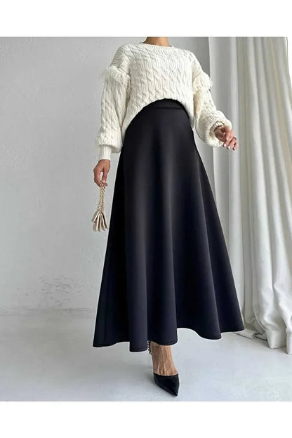 Scuba Crepe Flared Skirt with Elastic Waist - MRS.IDEA
